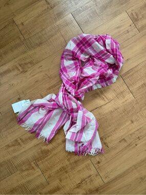 J. Crew Pink White Silver Plaid Washed-Wool Scarf 75 x 21 inches Large